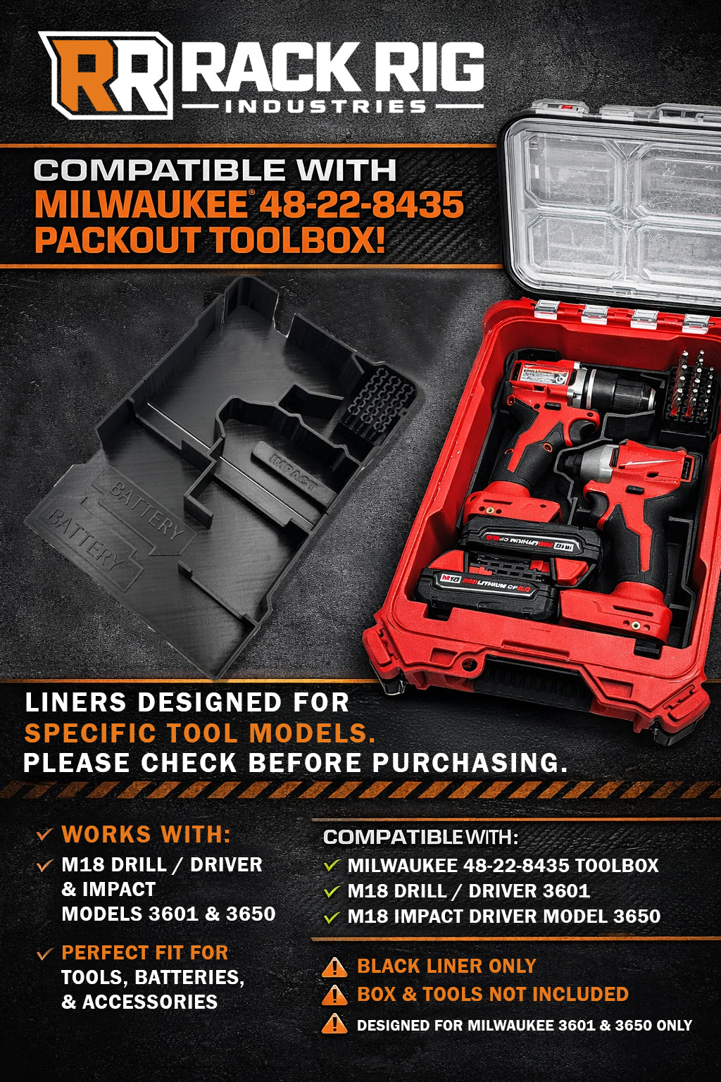 Rack Rig Packout Insert for Milwaukee M18 Drill Driver and Impact - Milwaukee Packout Organizer