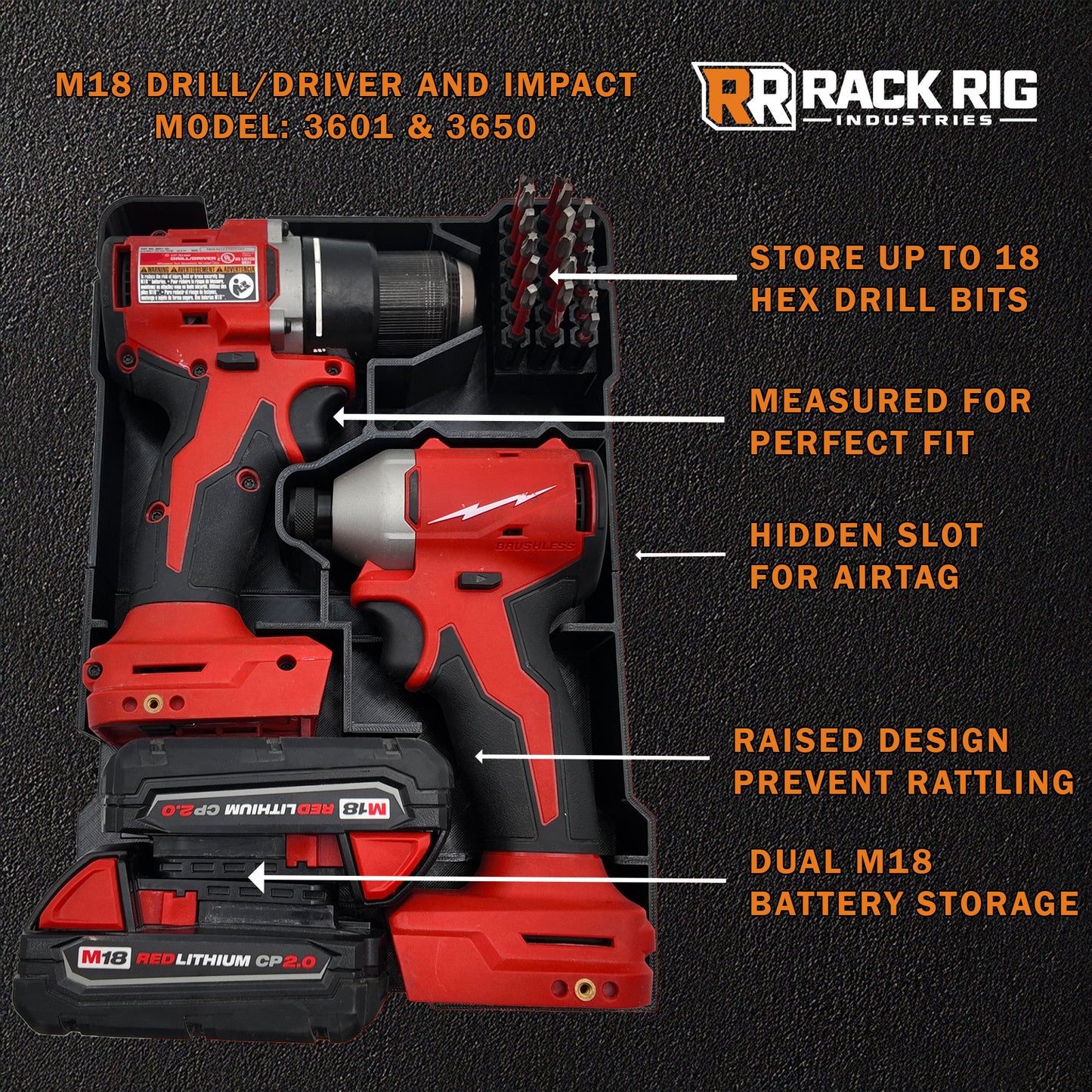 Rack Rig Packout Insert for Milwaukee M18 Drill Driver and Impact - Milwaukee Packout Organizer